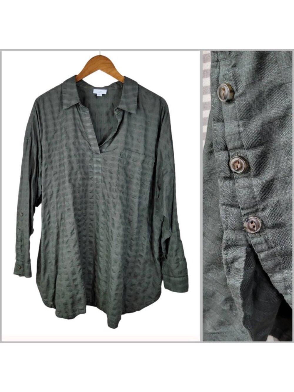 J. Jill Tunic Top Plus Size 2X Roll Tab Button Side Green Textured Pop Over